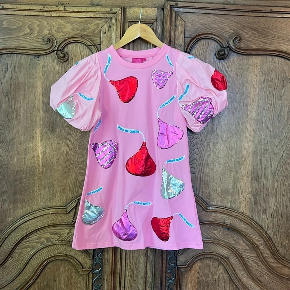 Queen Of Sparkles Kids Pink Kiss Me Queen Poof Sleeve Dress - Picture 2 of 11